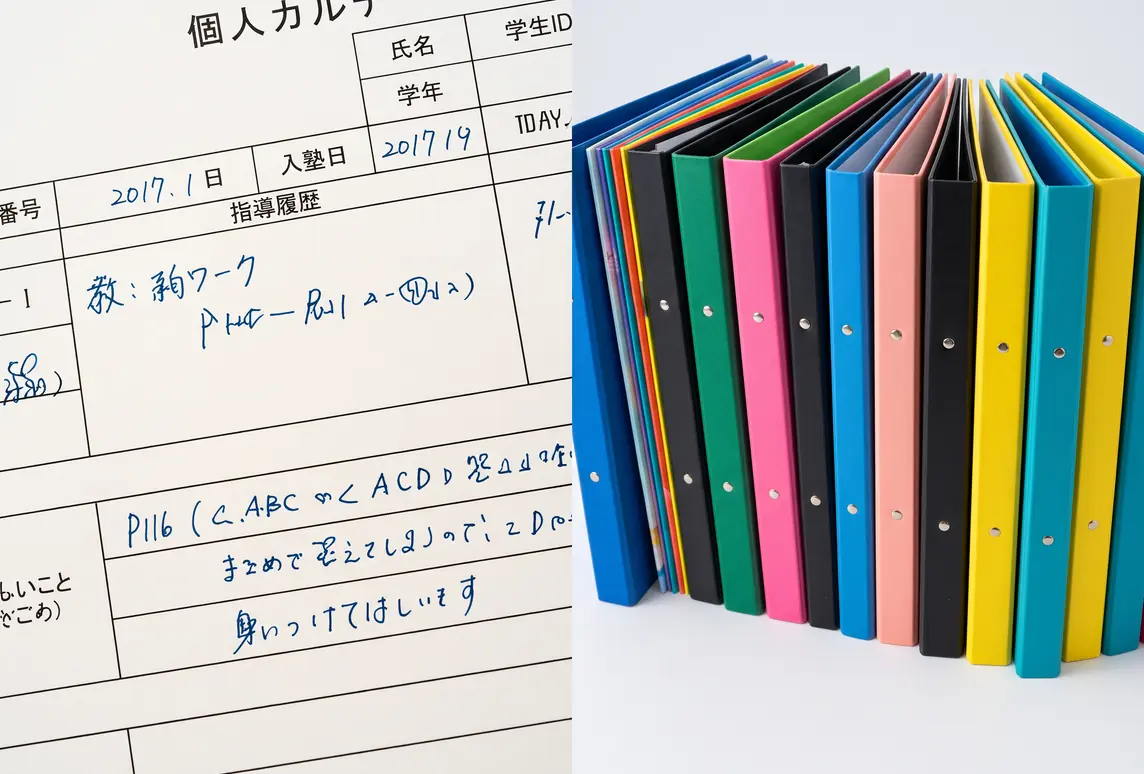 手書きで記入された個人カルテと、塾生ごとに色分けされたファイル